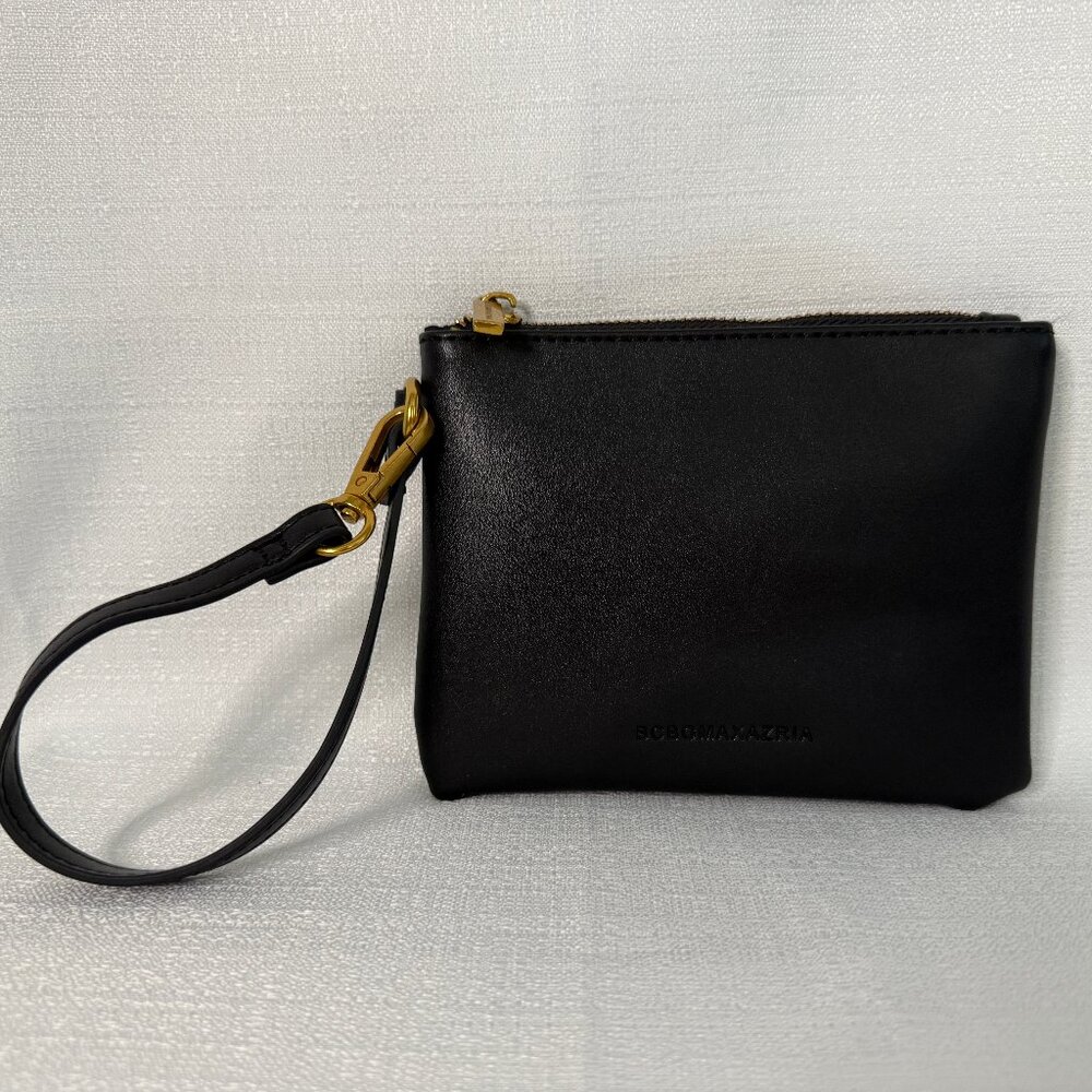 BCBG Max Azria Wristlet; Black leather; Gold logo hardware